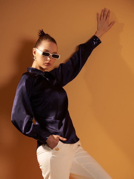 Navy Blue Embellished Crepe Shirt