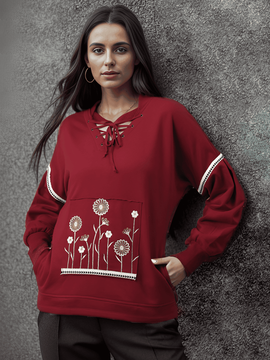 Red Embroidered Fleece Sweat Shirts