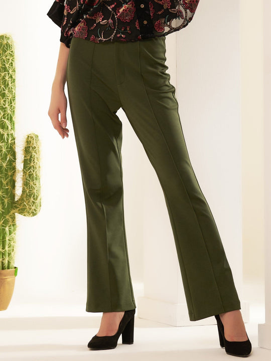 Olive Green Solid Crepe Pants
