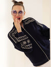 Navy Blue Embroidered Fleece Jacket