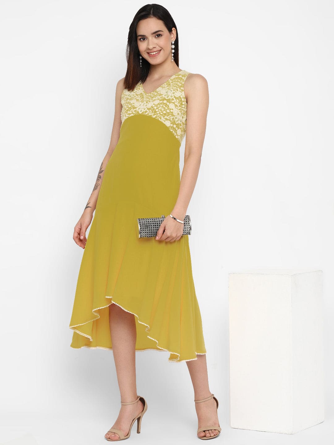 Acid Green Embellished Georgette Midi Dress Acid Green Embellished Georgette Midi Dress