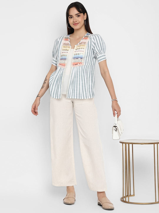 White Embellished Yarn Dyed Cotton Jacket