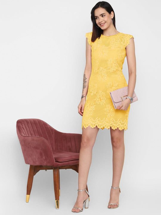 Yellow Self- Design Crochet Shift Dress