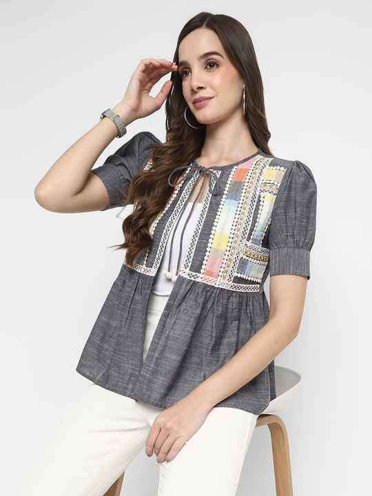 Grey Embellished Chambray Jacket