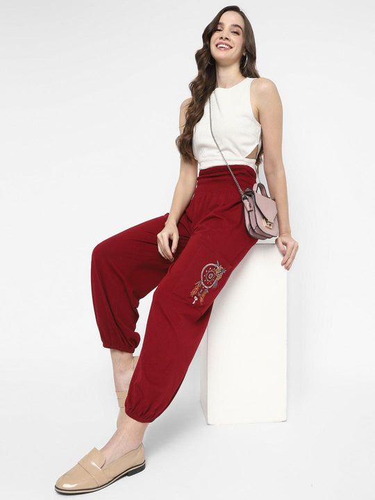 Red Embroidered Jersey Knit Harem Pants