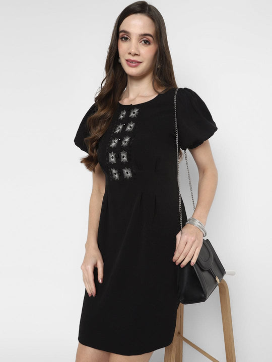 Black Embroidered Moss Crepe Dress