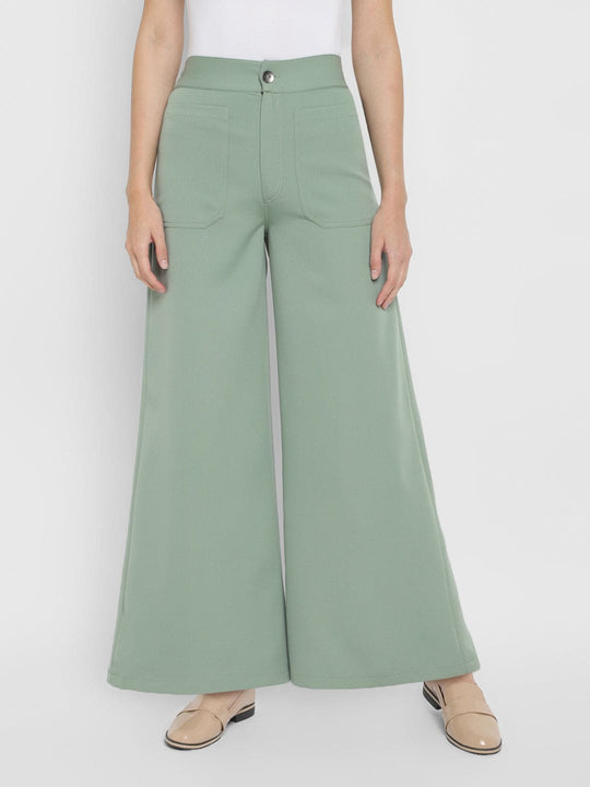 Green Solid Crepe Pants