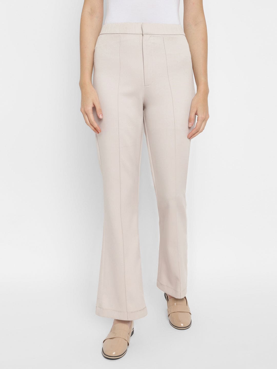 Beige Solid Crepe Pants