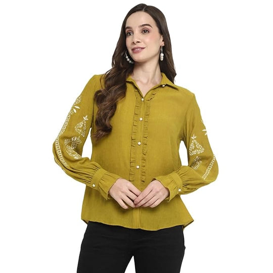 Acid Green Embroidered Crinkled Crepe Shirt
