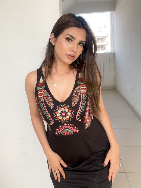 Black Embroidered Jersey Knit Dress