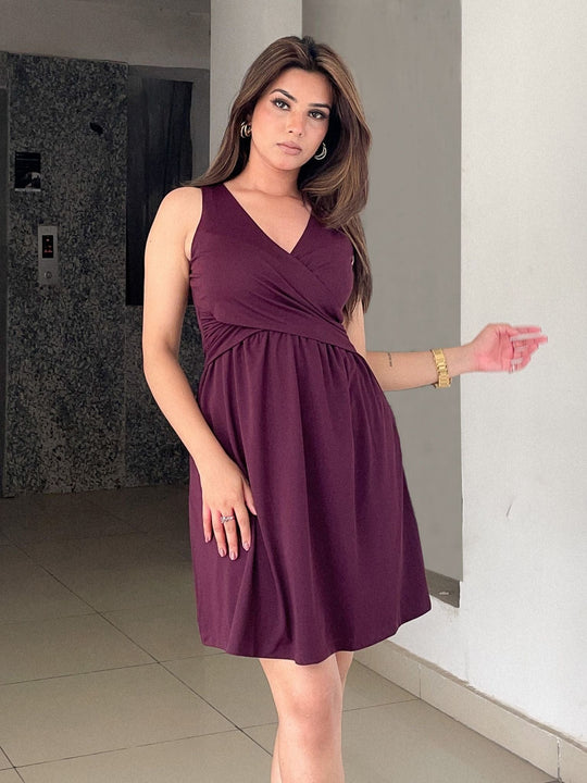 Wine Solid Jersey Knit Dress