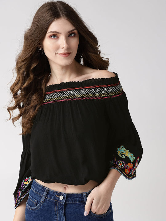 Black Solid Rayon Crepe Top