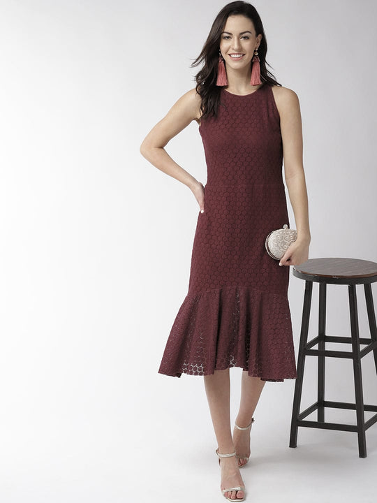 Maroon Solid Crochet Dress