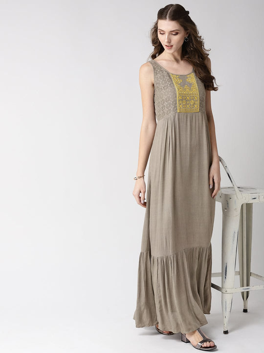 Grey Solid Rayon Crepe Maxi Dress