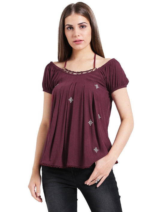 Burgundy Solid Rayon Crepe Top