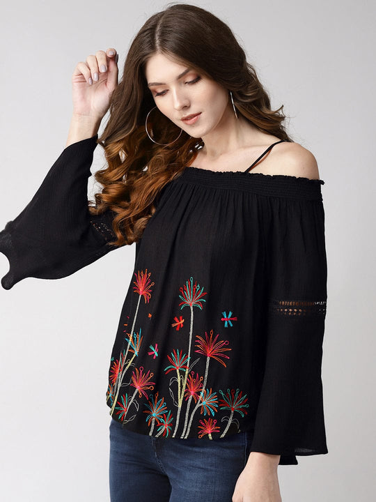 Black Embroidered Rayon Crepe Top