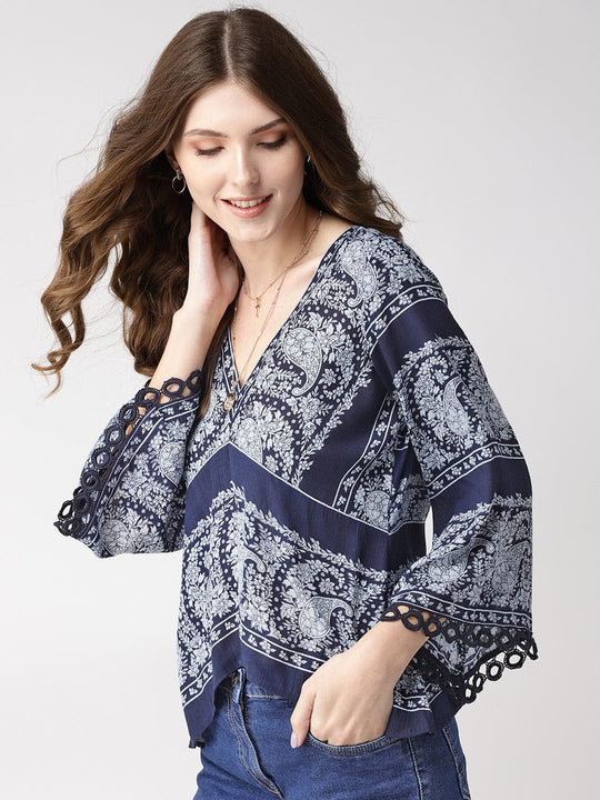 Blue Printed Rayon Crepe Top