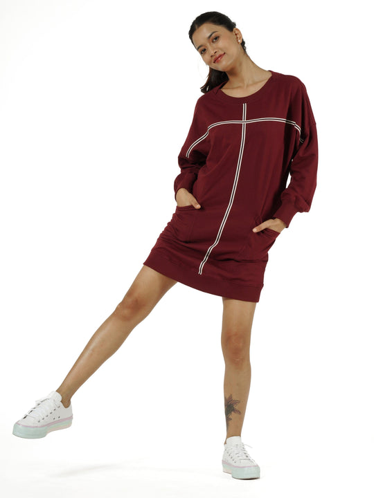 Maroon Solid Terry Fleece Dress