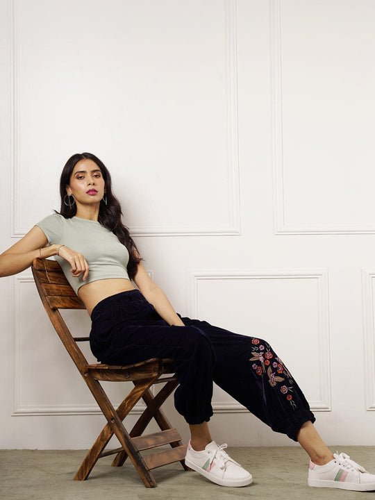 Navy Blue Embroidered Velvet Joggers