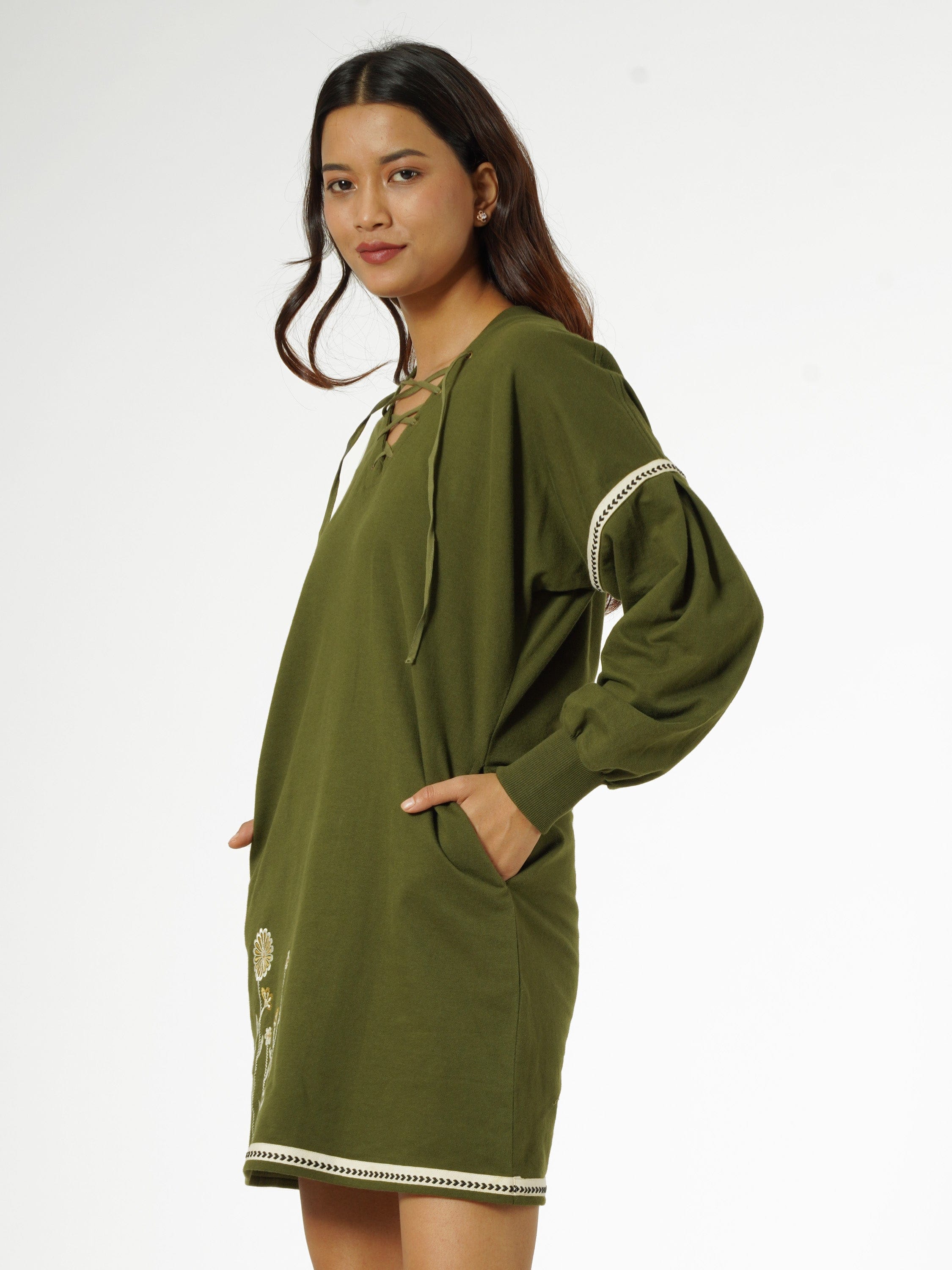 Taurus Olive Green Embroidered Terry Fleece Dress Taurusshop.com Taurus Olive Green Embroidered Terry Fleece Dress Taurusshop.com