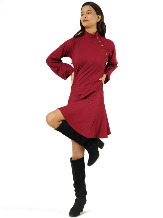 Wine Solid Jersey Knit Dress