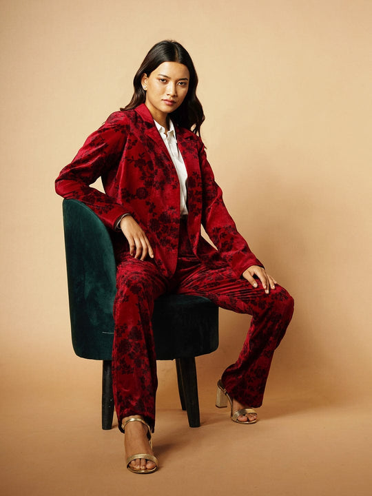 Red Printed Velvet Blazer & Pants