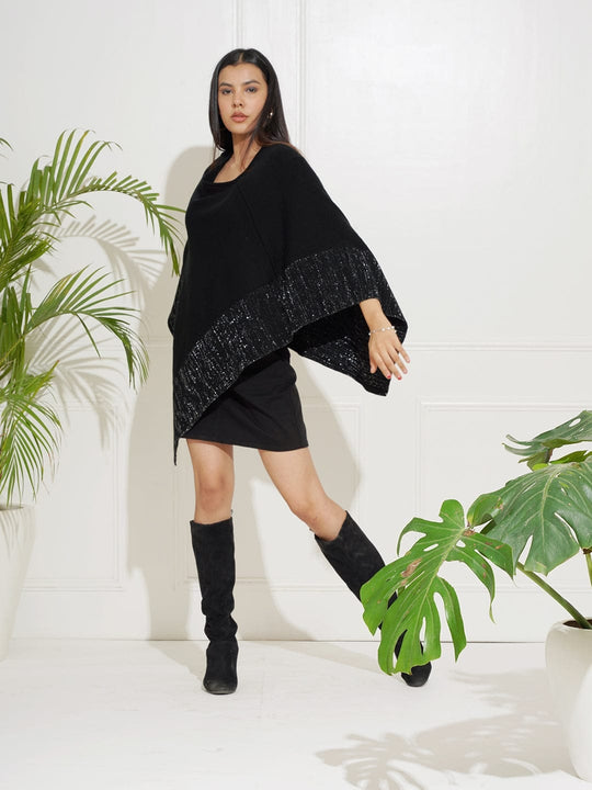 Black Solid Flat Knit Cape