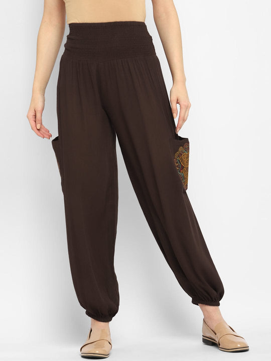 Brown Solid Rayon Crepe Harem Pants