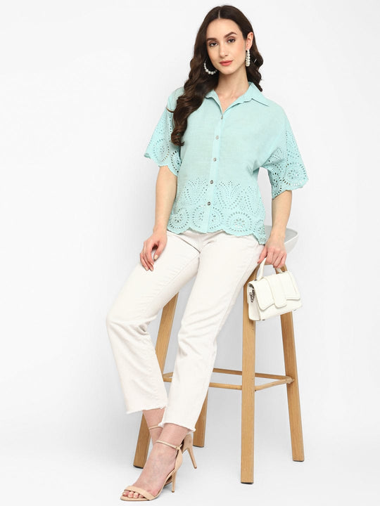 Mint Blue Embroidered Schiffli Shirt