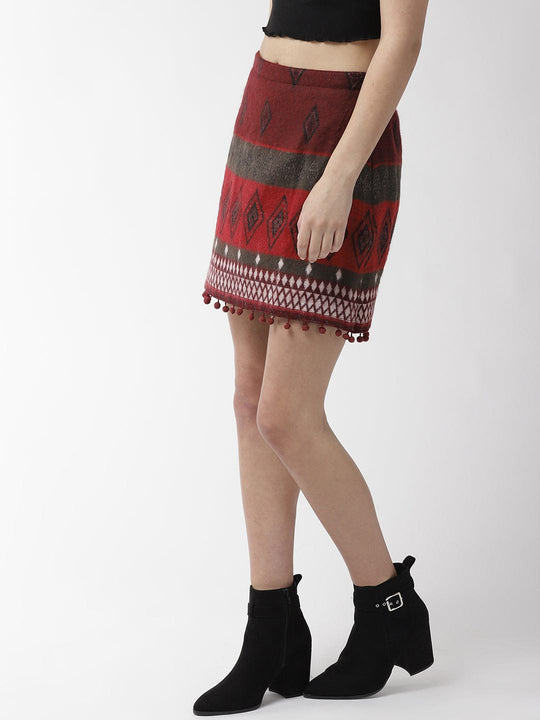 Maroon Striped Jacquard Skirt