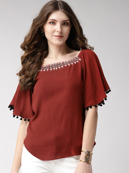 Maroon Solid Rayon Crepe Top
