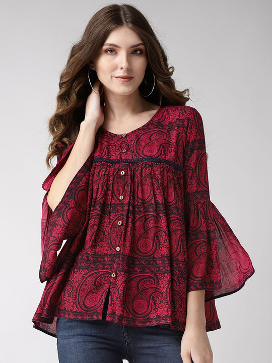 Red Printed Rayon Crepe Top