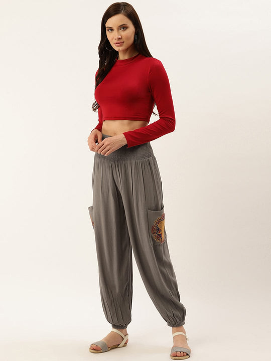 Grey Solid Rayon Crepe Pants