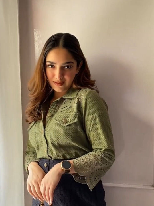 Olive Green Embroidered Schiffli Jacket