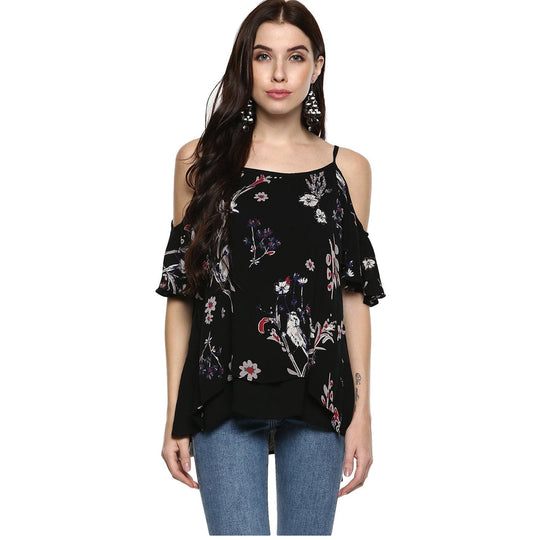 Ivory & Black Printed Rayon Crepe Top