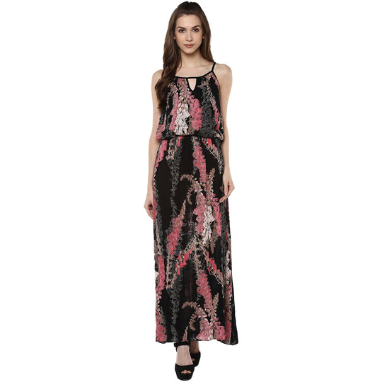 Black Printed Rayon Crepe Maxi Dress