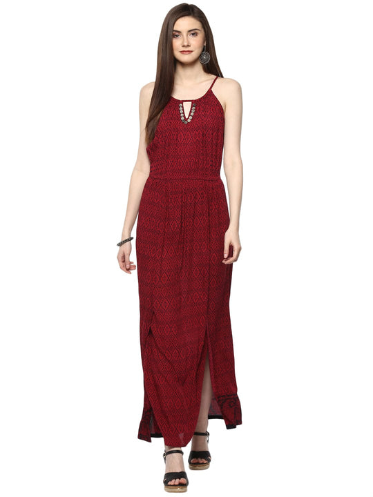 Pink Printed Rayon Crepe Maxi Dress