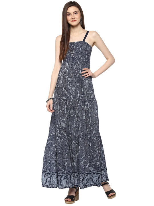 Blue Printed Rayon Crepe Maxi Dress