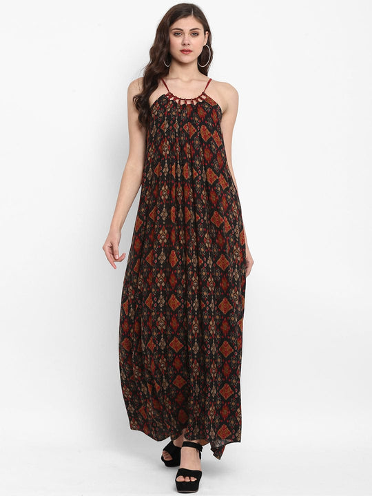 Black Printed Rayon Maxi Dress