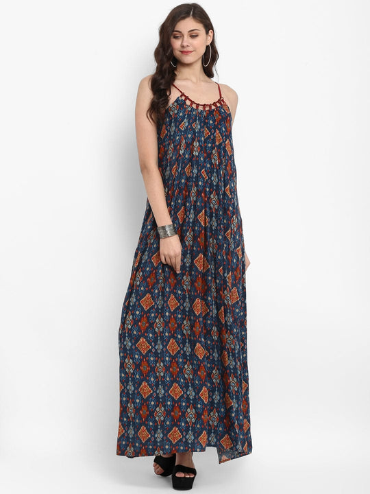 Blue Printed Rayon Maxi Dress