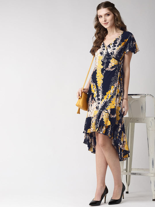 Neon Blue Printed Rayon Crepe Dress
