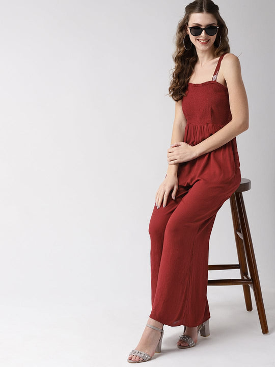 Maroon Solid Rayon Crepe Jumpsuit