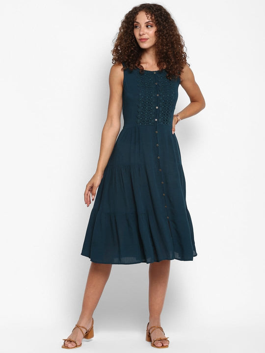 Teal Solid Rayon Crepe Dress