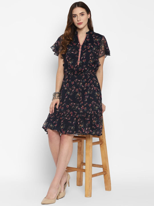 Blue Printed Chiffon Dress