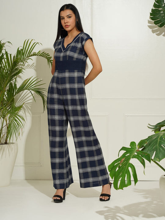 Navy Blue Plaid Checks Yarn Dyed Cotton Jumpsuit