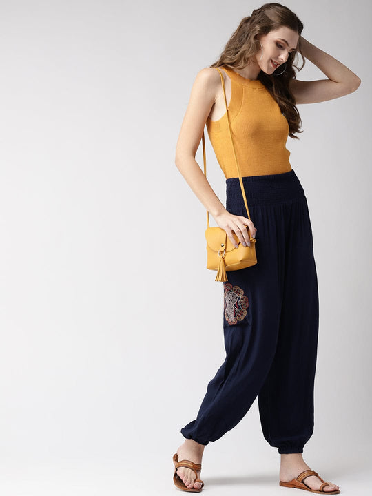 Neon Blue Solid Rayon Crepe Pants