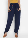 Blue Embroidered Rayon Crepe Joggers