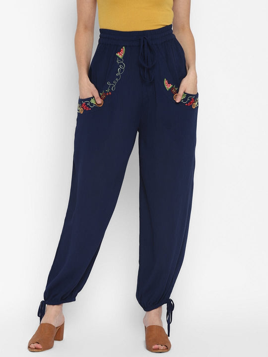Blue Embroidered Rayon Crepe Joggers