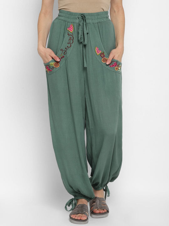 Teal Embroidered Rayon Crepe Harem Pants