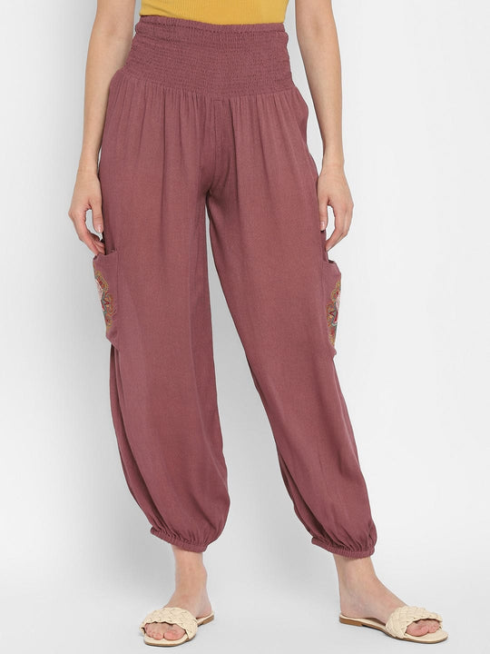 Mauve Embroidered Rayon Crepe Harem Pants